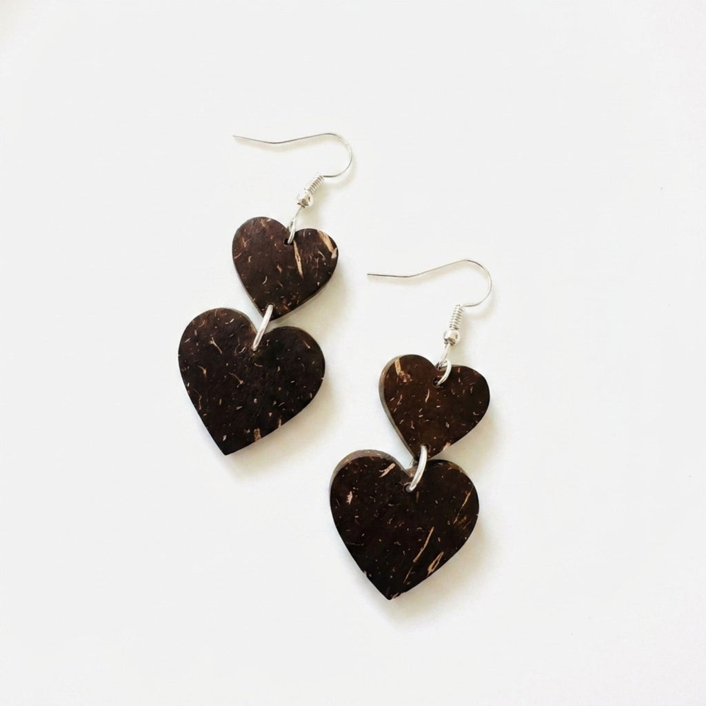 Pieni Sydän Chain Earrings – Coconut Shell Double Heart Dangles