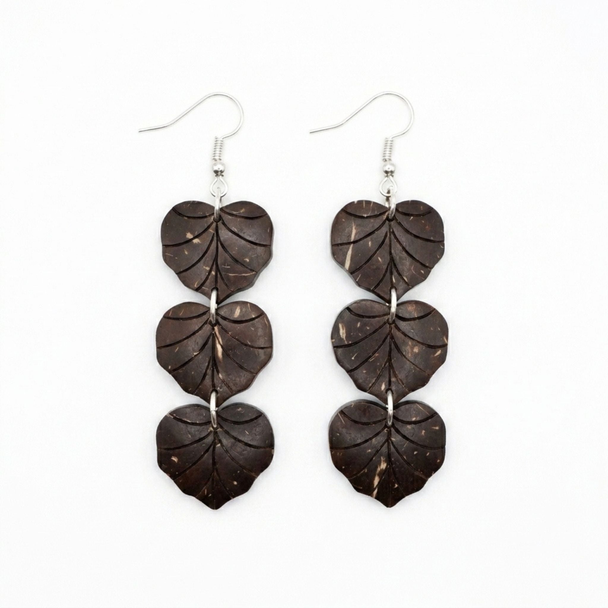 Sydänlehti Chain Earrings – Coconut Shell Heart Leaf Dangles
