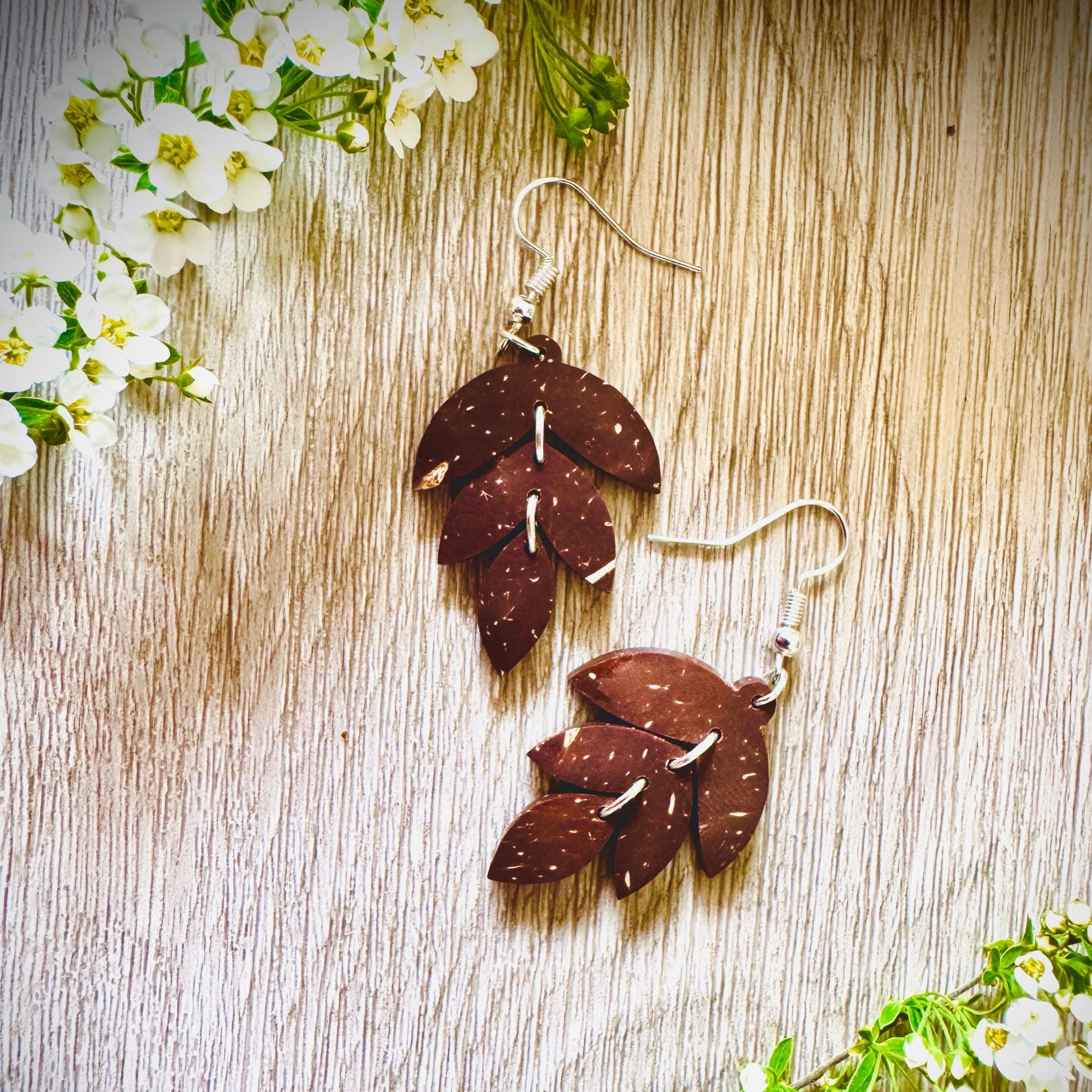 Lehvästö Earrings – Coconut Shell Multi-Petal Leaf Dangles