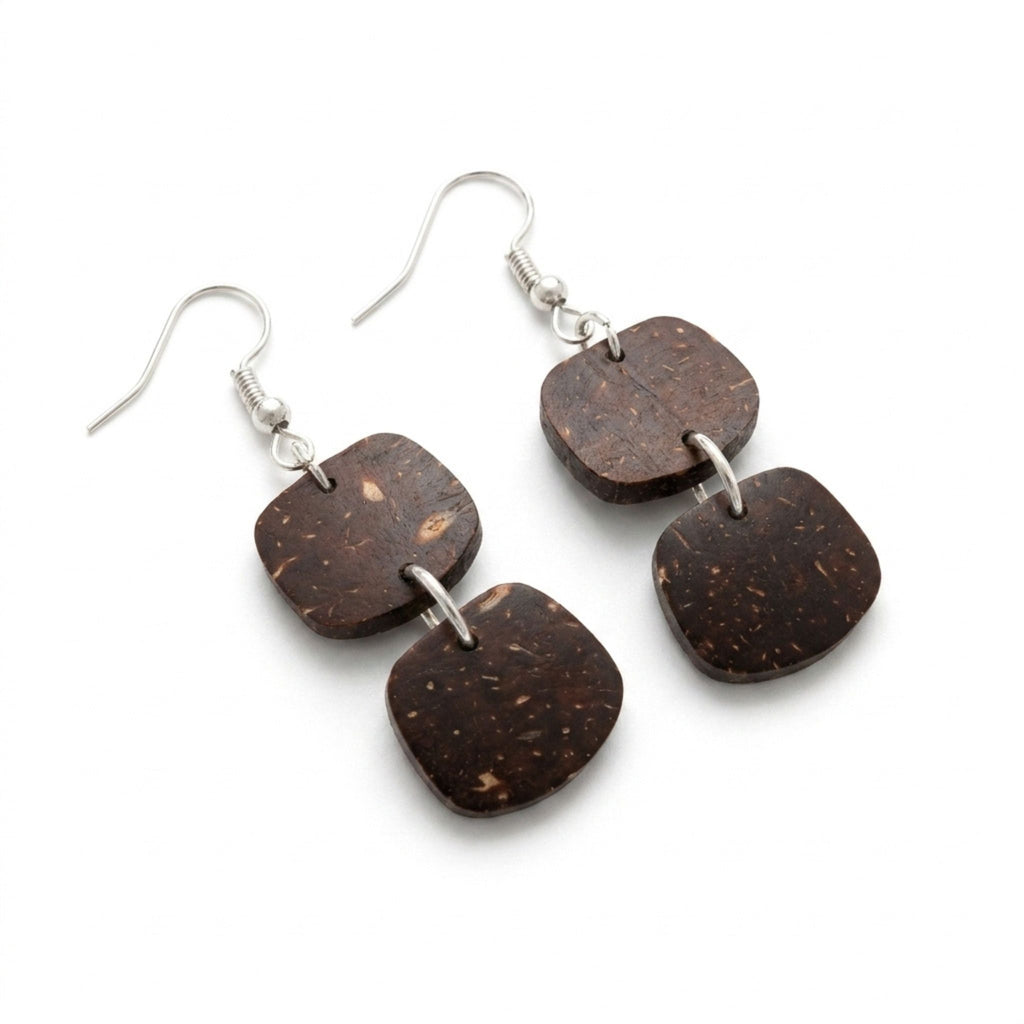 Duo Earrings – Coconut Shell Double Square Drop Earrings