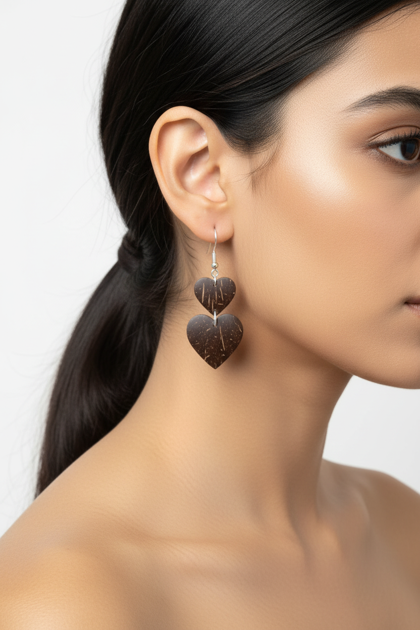 Coconut Shell Double Heart Earrings – AI Model