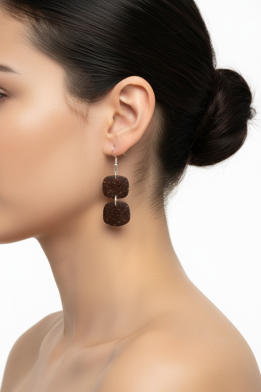 Coconut Shell Double Rounded Square Earrings – AI Model