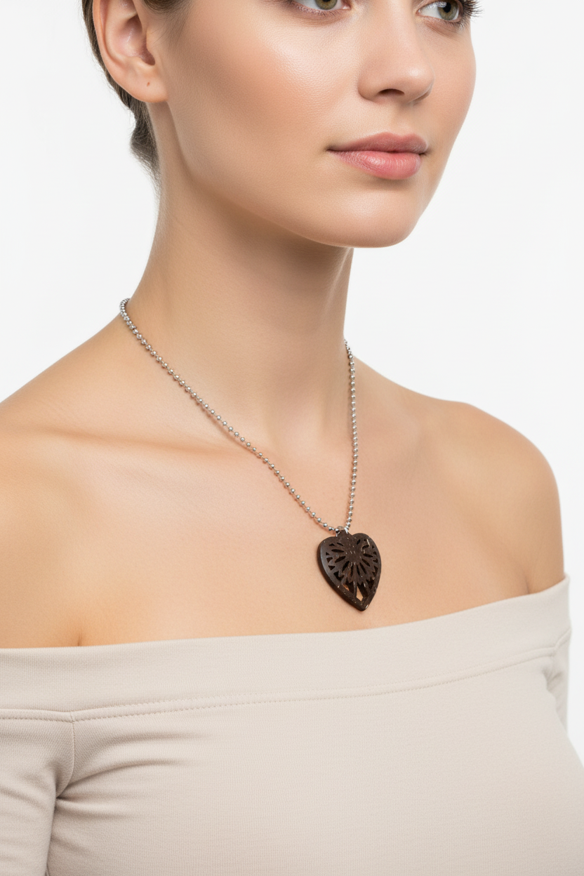 Coconut Shell Heart Mandala Pendant – Small