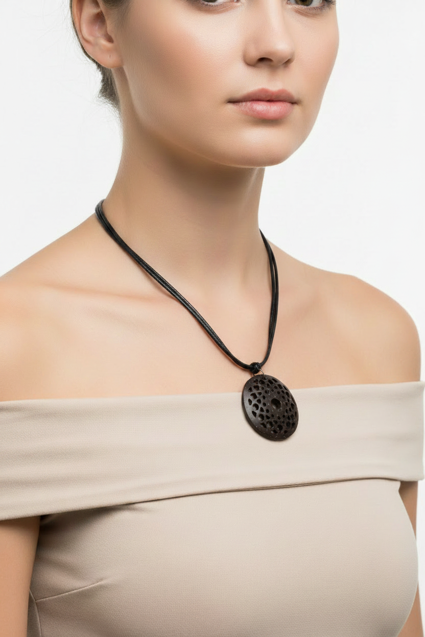 Coconut Shell Mandala Pendant – Single Cord