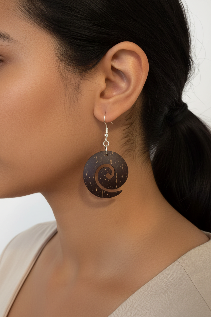 Coconut Shell Spiral Cutout Earrings – AI Model