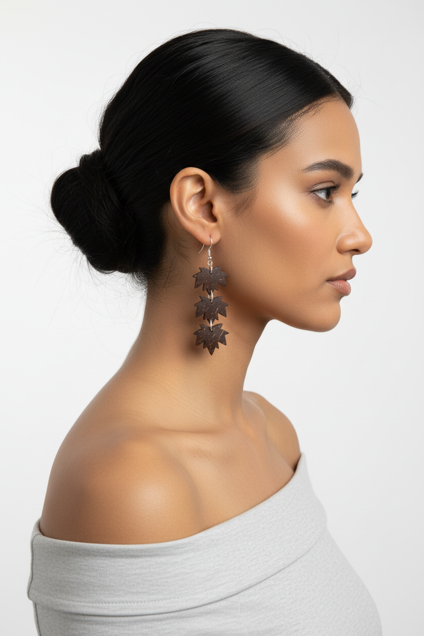 Coconut Shell Triple Leaf Earrings – AI Model