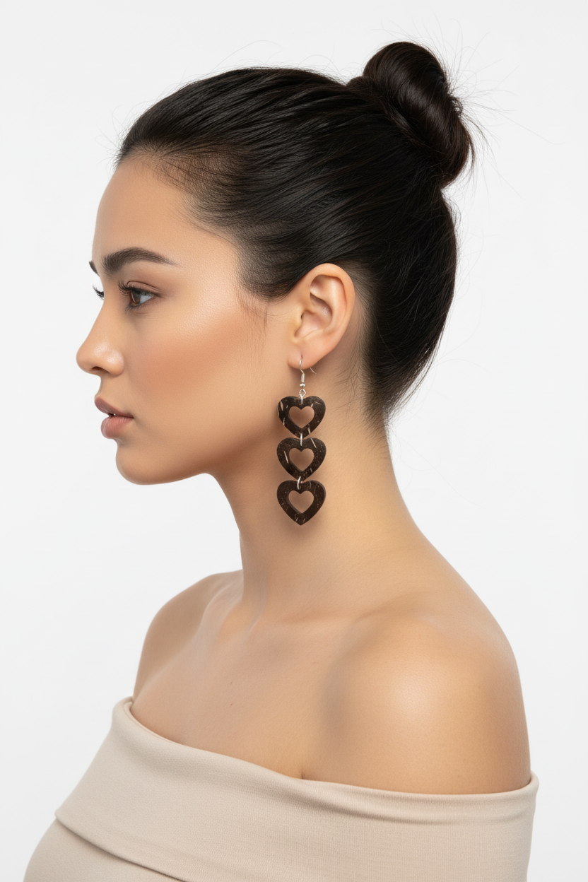Coconut Shell Triple Open Heart Frame Earrings – AI Model