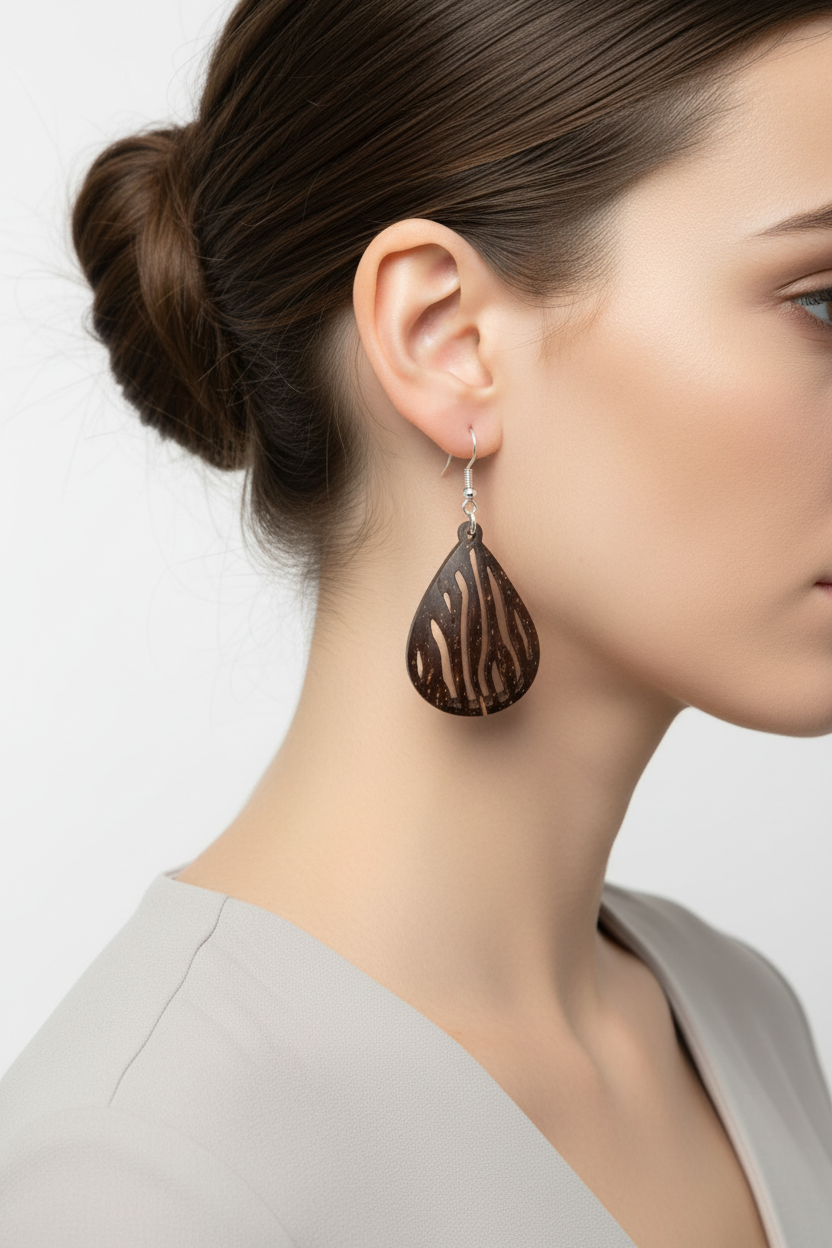 Coconut Shell Zebra Stripe Teardrop Earrings – AI Model